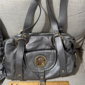 Michael Kors Metallic Pewter Leather Shoulder Bag with Gold Hardware